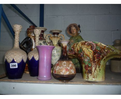 VARIOUS VASES AND CHALK FIGURES, to include Doulton Lambeth bud vase (a/f), Royal Winton lustre, Carltonware, a pair of orien