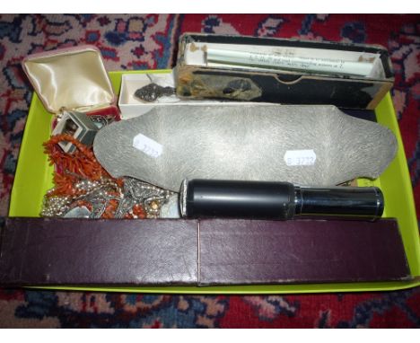 A MIXED TRAY OF COSTUME, to include imitation pearls, earrings, scientific instruments, etc