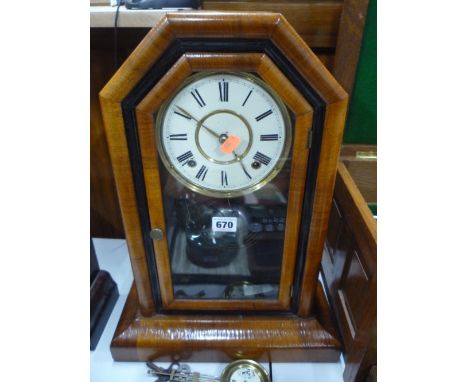 AN AMERICAN WALNUT MANTLE CLOCK, bell strike, height approximately 47cm (two keys and pendulums)