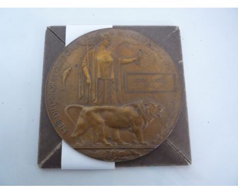 WWI MEMORIAL DEATH PLAQUE, in original card folder named to:- John Baden Hill, John Baden Hill was a Private 2nd Class in the