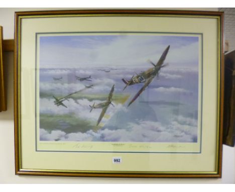 A LIMITED EDITION PRINT, Business as Usual by BJ. Freeman, signed by the artist, and two members of No.92 squadron, Brian Kin