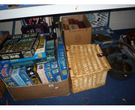 THREE BOXES AND LOOSE SUNDRY ITEMS, to include jam pan, scales, two picnic sets, jig-saws etc