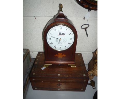 A COMITTI OF LONDON INLAID MANTEL CLOCK, 1981, with brass handles, on four brass feet (key), together with mother of pearl in