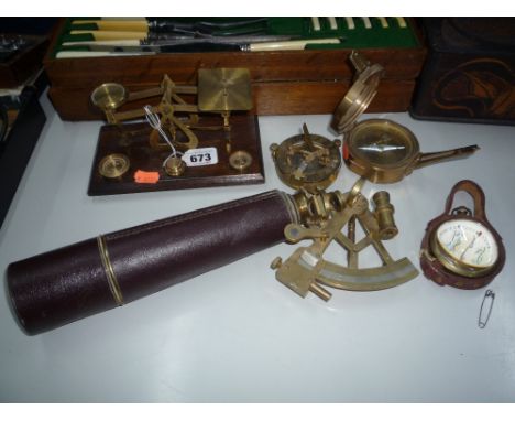 VARIOUS SCIENTIFIC ITEMS, to include scales, telescopes, sextant, compasses etc