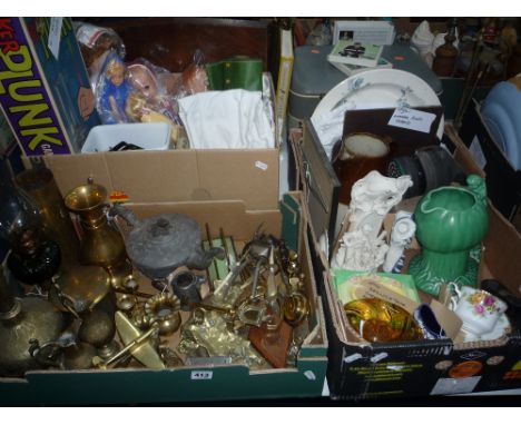 THREE BOXES OF SUNDRIES, metalware, dolls, toys, ceramics, gas mask, christening gown, oil lamp etc