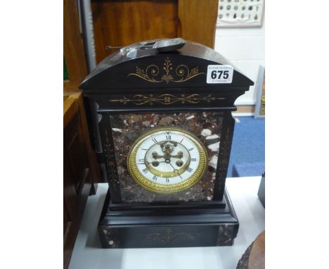 A SLATE MANTLE CLOCK, height approximately 33cm (key and pendulum)