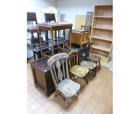 AN OAK BLANKET BOX, washstand, five various chairs, step commode, occasional table, a tray, etc (12)