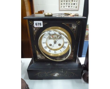 A SLATE MANTLE CLOCK, height approximately 29cm (key and pendulum)