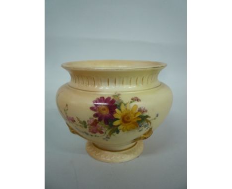 A ROYAL WORCESTER BLUSH IVORY PEDESTAL BOWL, decorated with flowers and gilt swags, No.1735 puce factory marks, height approx