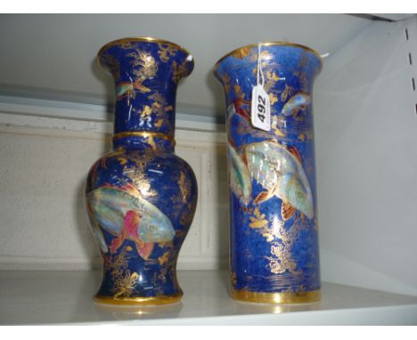 TWO CARLTONWARE LUSTRE FISH AND GILT SEAWEED VASES, heights approximately 21cm (chip to rim on one and restorations) (2)