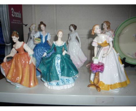 SIX ROYAL DOUTLON FIGURES, 'Helen' HN3601, 'Happy Birthday' HN3095, 'Fair Lady' HN5274, 'Janine' HN5164 and Royal Worcester '