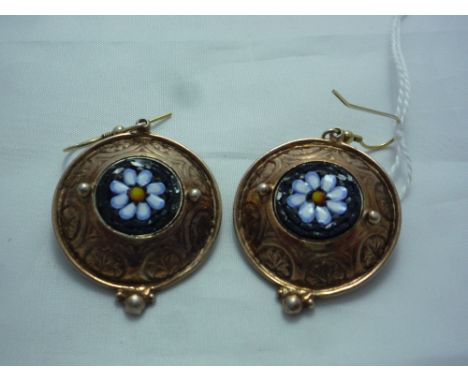 A PAIR OF MICRO MOSAIC EARRINGS, with daisy design within a fancy rose gold coloured metal surround