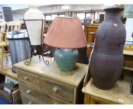 TWO STONEWARE VASES, table lamp with shade and a stainless steel waste bin (4)