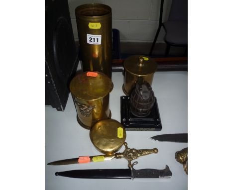 A SMALL COLLECTION OF WWI ERA TRENCH ART, to include 4' shell casing which has been engraved with the North Staffordshire Reg