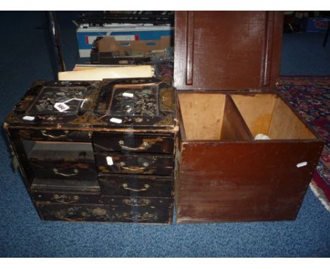 AN ORIENTAL LACQUERED TABLE TOP CABINET, mother of pearl inlay, (front doors loose, missing internal small drawer (a/f) ) , t