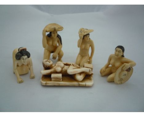 FIVE NETSUKE, all of women in erotic form, largest netsuke measuring 6.5 x 3.5cm, all signed