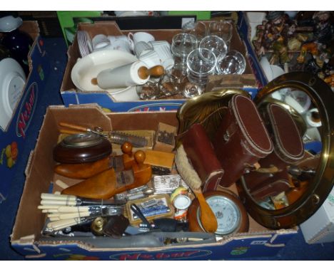 TWO BOXES OF SUNDRIES, GLASS, etc, to include barometer, binoculars, mirror, shoe lasts, cutlery etc