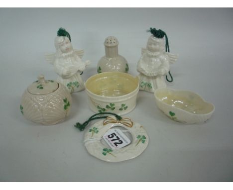 SHAMROCK DECORATED BELLEEK, comprising choir of Angels with Accordian and choir of Angel with lute, each approximately 9.5cm 