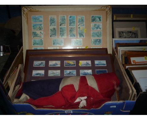 A BOX CONTAINING GLAZED FRAMES AND ALBUMS OF MILITARY INTEREST CIGARETTE CARDS, including Army Royal Navy uniforms, ARP Naval
