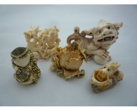 FIVE NETSUKE, depicting animals and mystical beasts, largest 6x6cm, all signed