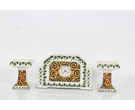 Art Deco three piece clock garniture, by A.M.C. of Belgium, with architectural timepiece, flanked by square stands either sid