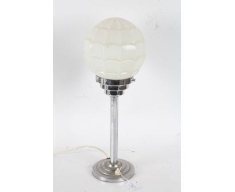 Art Deco chrome table lamp, with globular mil glass shade above a stepped chrome neck, octagonal column and stepped base, 46c