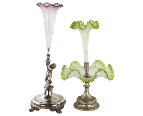 2 Victorian electroplate and coloured glass table centre epergnes, largest height 49cmGreen frilled glass epergne is in good 