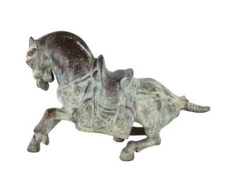 A Chinese verdigris bronze Tang style saddled horse, length 40cm 