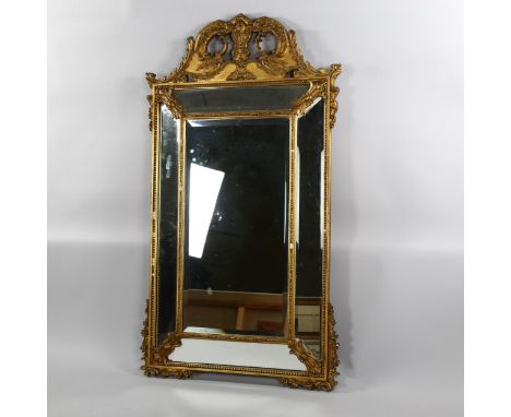 19th century carved wood and gesso-framed wall mirror, with bevel mirror inset surround, height 142cm, overall width 81cmA fe