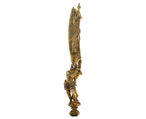 **DESCRIPTION CHANGE** A 19th century *French gilt-bronze* paper knife in the form of a knight holding a pennant, with seal b