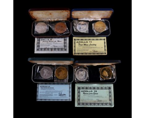NEIL ARMSTRONG APOLLO MOON LANDING - 4 cased sets of 1oz silver and bronze medallions commemorating Apollo 8, 11, 12 and 13, 