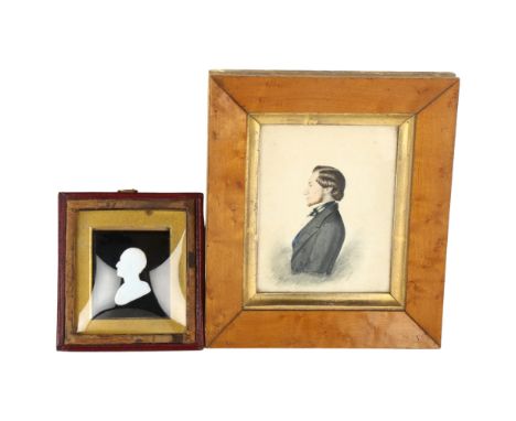 A Victorian black and white cameo glass portrait plaque in original Morocco leather case, frame height 10cm, and a 19th centu