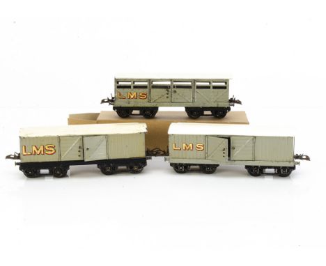 Hornby 0 Gauge pre-war LMS No 2 Freight Stock, grey/black cattle wagon and luggage van, both with small gold lettering, both 