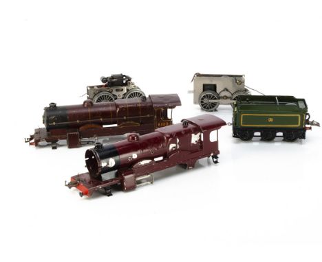 Incomplete Hornby 0 Gauge No 3 LMS Locomotive parts and a GWR Tender, two loco bodies in enamelled LMS crimson, one an E36, p