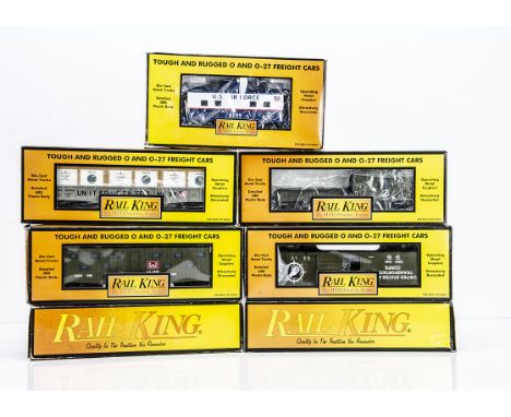 Rail King by MTH 0 Gauge Military Rolling Stock, USAF blue/white Caboose 4205, US Navy Gondola and crates, US Army  Box Car, 
