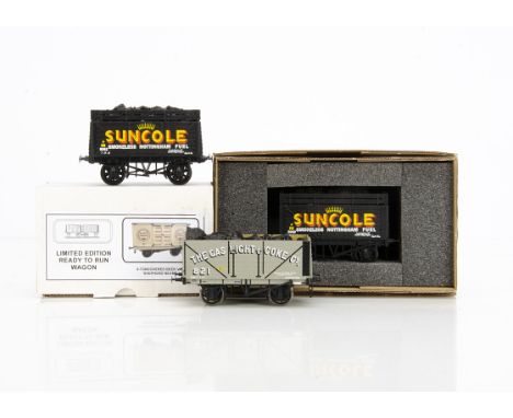 Four Finescale 0 Gauge R-T-R freight wagons by Skytrex Powsides and A N Other, two 'Suncole' coke wagons in black by Skytrex,