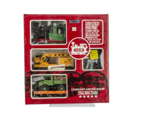 LGB G Gauge 21401 Goods Train Set, comprising green, black and red 0-4-0 No 2 Tank Engine, Crane Truck, Flat Truck with Lorry