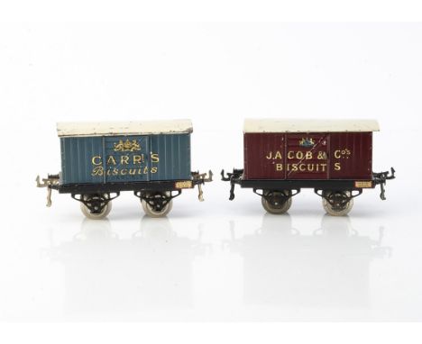 Hornby 0 Gauge 'OAG' Biscuit Vans, both with hinged doors and nickelled wheels, one Carr's Biscuits in blue with off-white ro