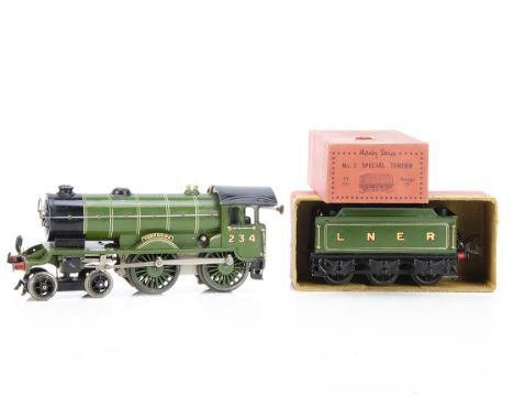 A Hornby 0 Gauge clockwork No 2 Special 4-4-0 'Yorkshire' Locomotive and Tender, in LNER green as No 234 'Yorkshire', missing