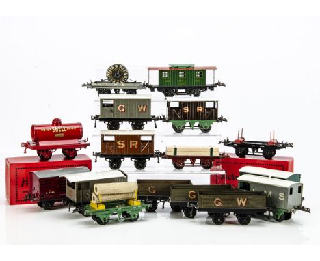 Hornby 0 Gauge 4-wheeled Freight Stock, including 3 GW open wagons, 2 GW brake vans, light-brown SR brake van and Shell tanke