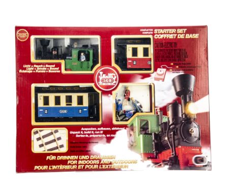 LGB G Gauge 78302 Starter Set, comprising green/black 0-4-0 No 2 Tank Engine, red/cream coach. Blue/cream coach, circle of tr