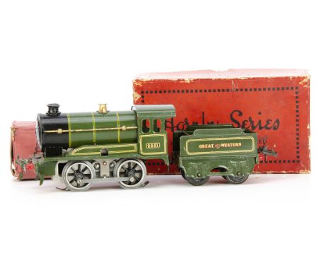 A converted Hornby 0 Gauge No O Locomotive and Tender, both in Great Western lined green, the early loco without cylinders as