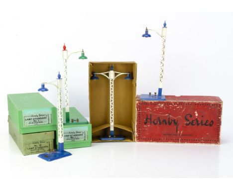 Pre-war Hornby 0 Gauge No 1 and No 2 Lamp Standards, including an early no 2 double lamp with original globes and winding mec