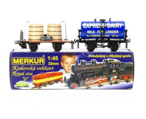 Merkur Liqueur and Barrel Trucks and Darstaed Vintage Trains Tank wagon, Merkur 9515 Czech Distilleries wagon with three unop