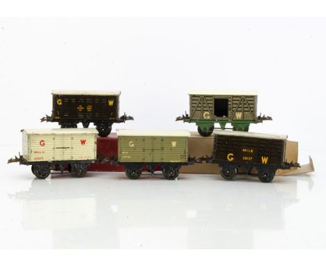 Hornby 0 Gauge No O tin-printed GWR Vans, dark brown Fish van 2101 and Milk Traffic van 28127, both F-G with playwear, an ope