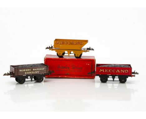 Hornby 0 Gauge 'own-branded' Wagons, No 1 Coal Wagons in 'Meccano' red with gold lettering and uncommon 'Hornby Railway Compa