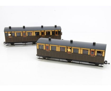 Rake of four Kit/Scratchbuilt G Gauge Manx Northern Railway Isle of Man 6-Wheel Coaches, in light tan and brown, No 1 All Fir