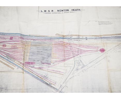 LMS Track Plan With Proposed Alterations To The Engine Shed at Newton Heath, a coloured plan on linen No 5712 LMSR Newton Hea