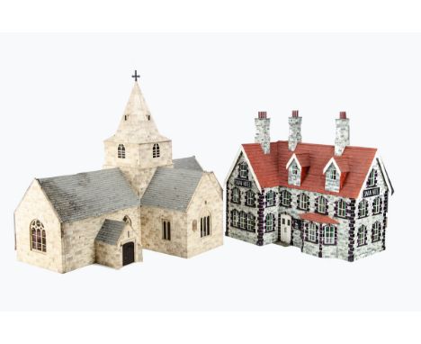 G Scale scratchbuilt/kitbuilt Church and Inn,  very large Steeple Church, length 83cm, height 80cm and 3-storey 'Swan Inn', G