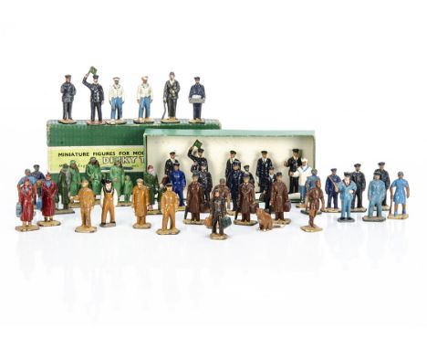 Dinky Toys (for Hornby 0 Gauge) smaller-scale Figures, including 5 station staff set in Engineering staff box, and 38 other a